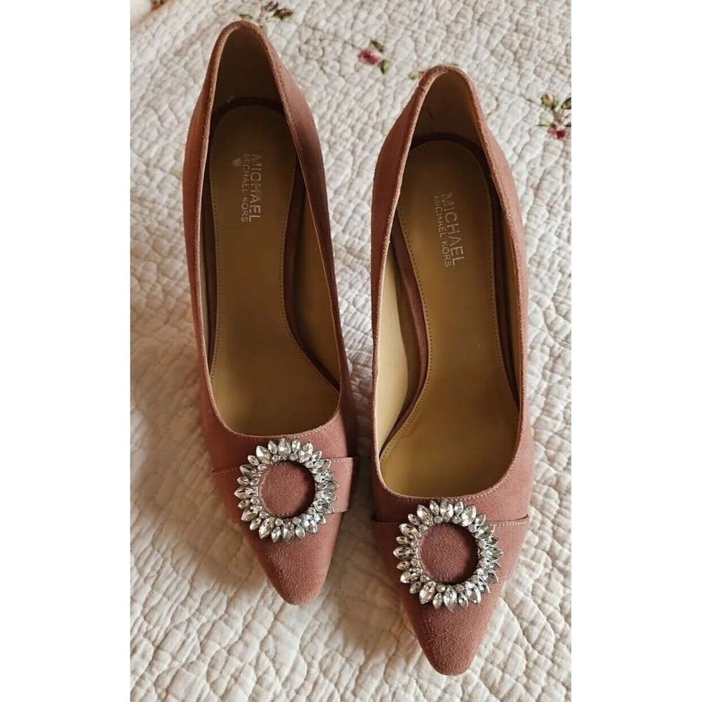 Michael Kors Suede Violet PUMP Dusty Rose Court Rhinestone Flower EUC